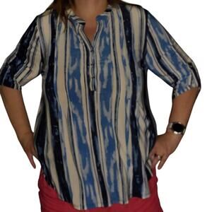 NEW Cocomo Top Womens XL Blue Striped Knit Artsy Slinky Roll Tab Office Beach